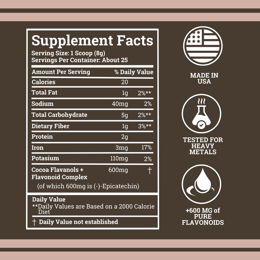 Black Forest Cocoa Powder scoop measuring a serving for daily flavanol intake.