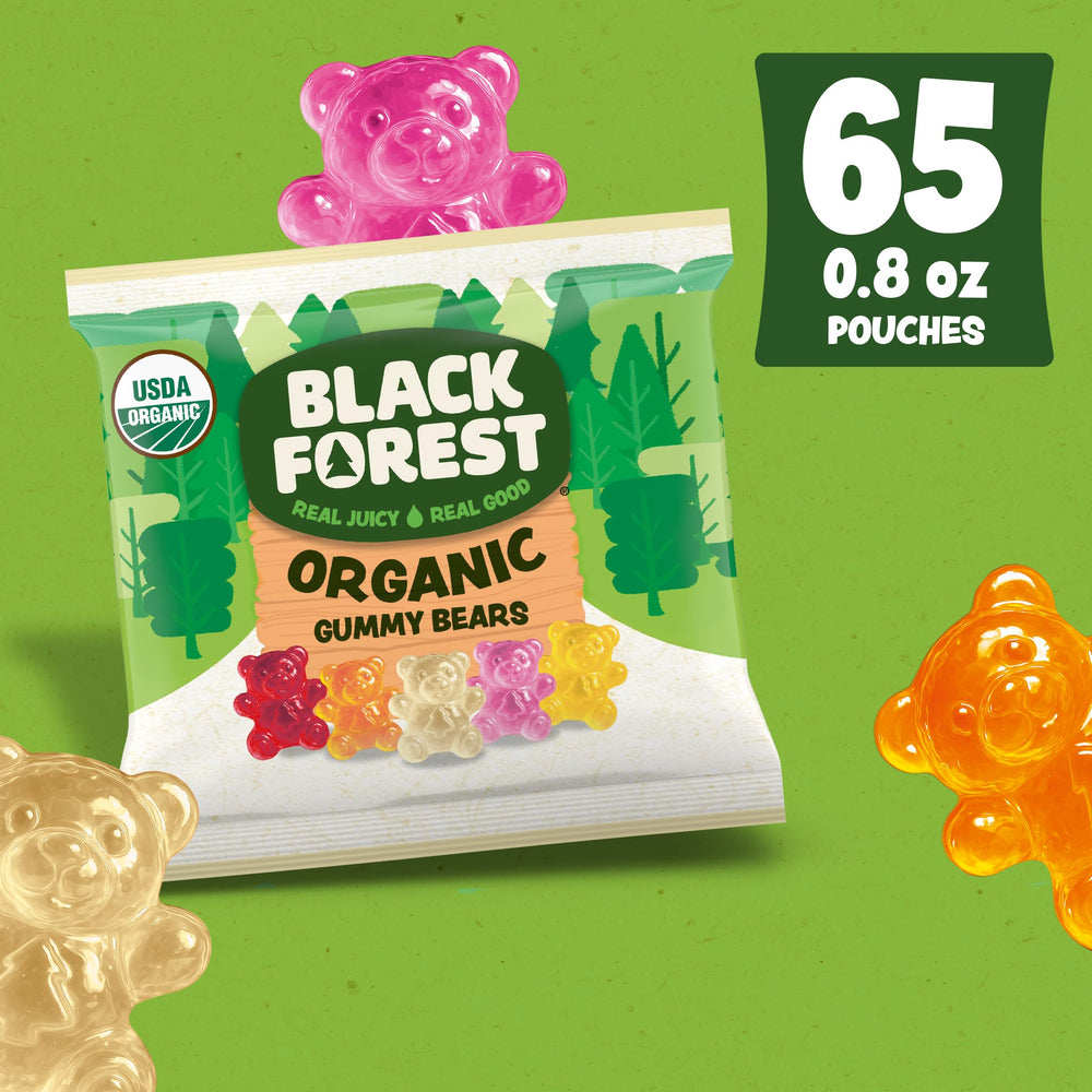 65-pack box of Black Forest Organic Gummy Bears stocked for pantry snacking.