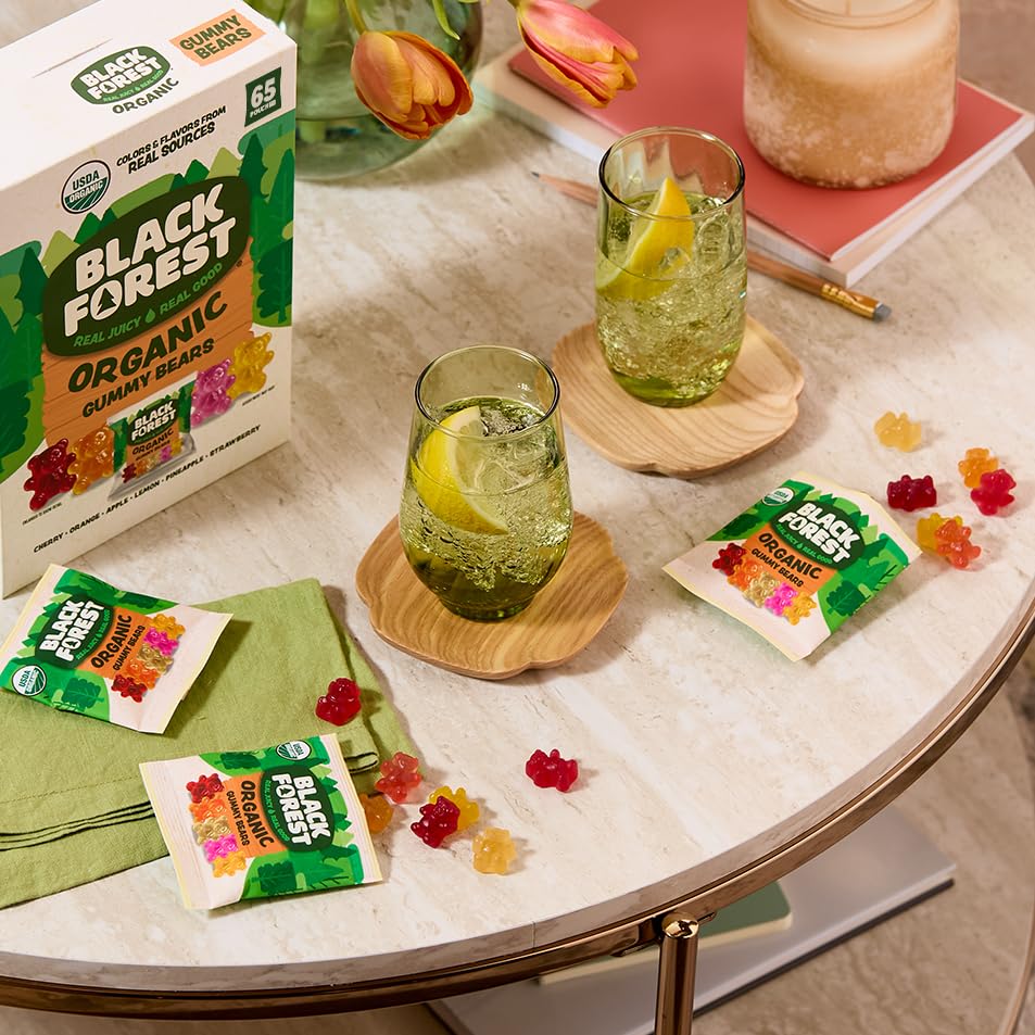 Real colors and flavors from natural sources in Black Forest gummies.