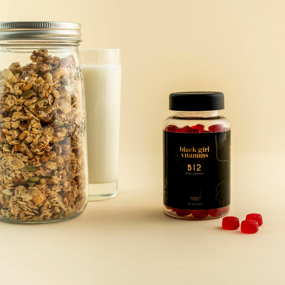 Black Girl Vitamins B12 Gummies emphasizing metabolism and nervous system balance.