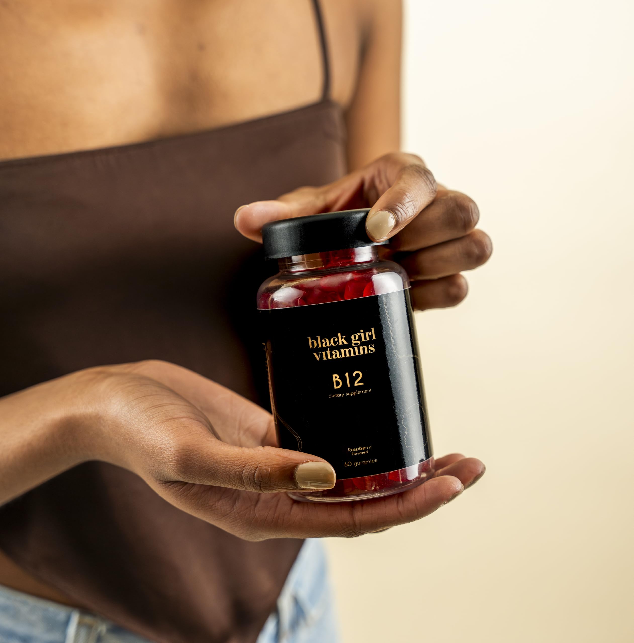 Black Girl Vitamins B12 Gummies label shows halal and gluten-free formulation.