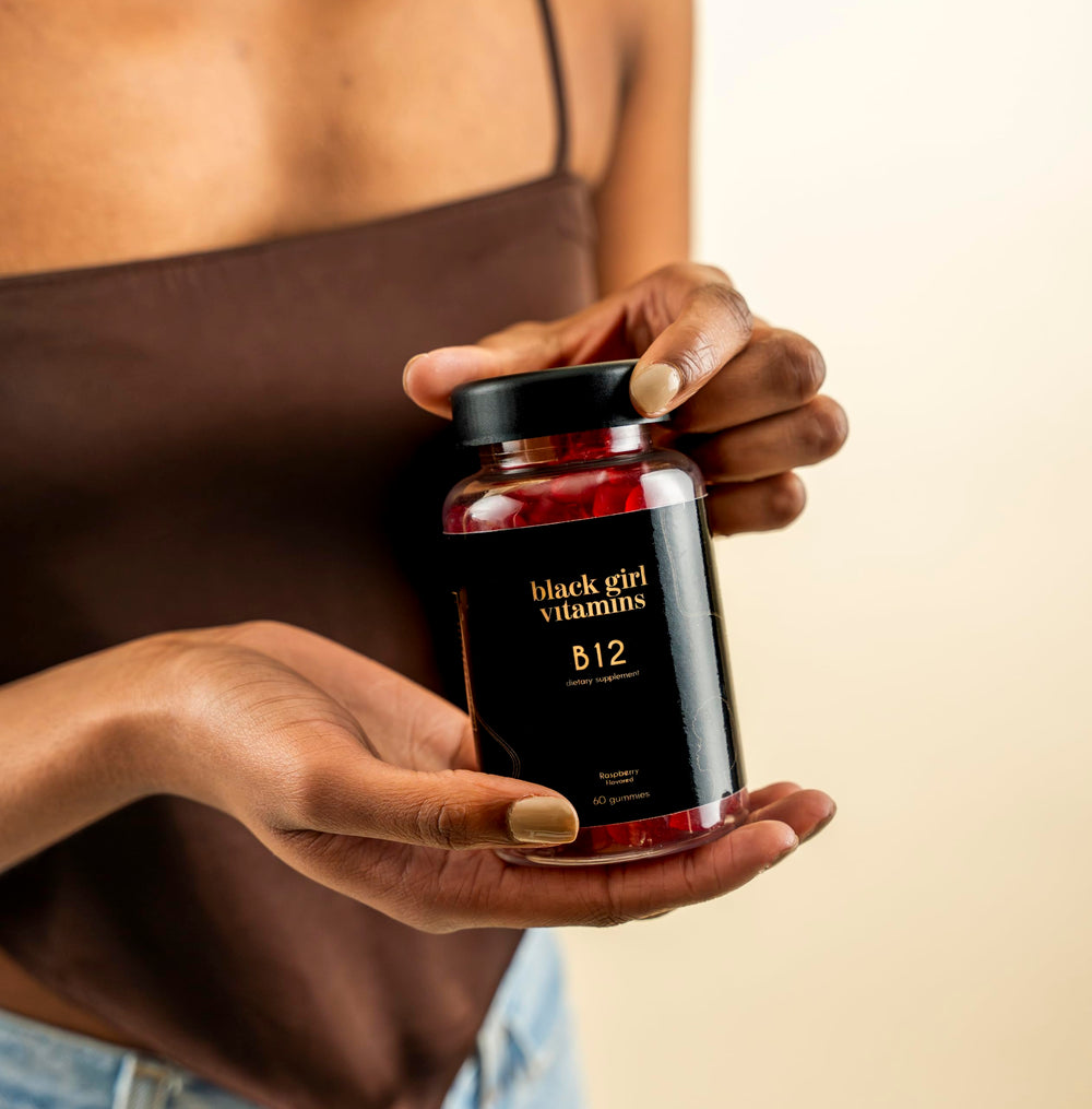 Black Girl Vitamins B12 Gummies label shows halal and gluten-free formulation.