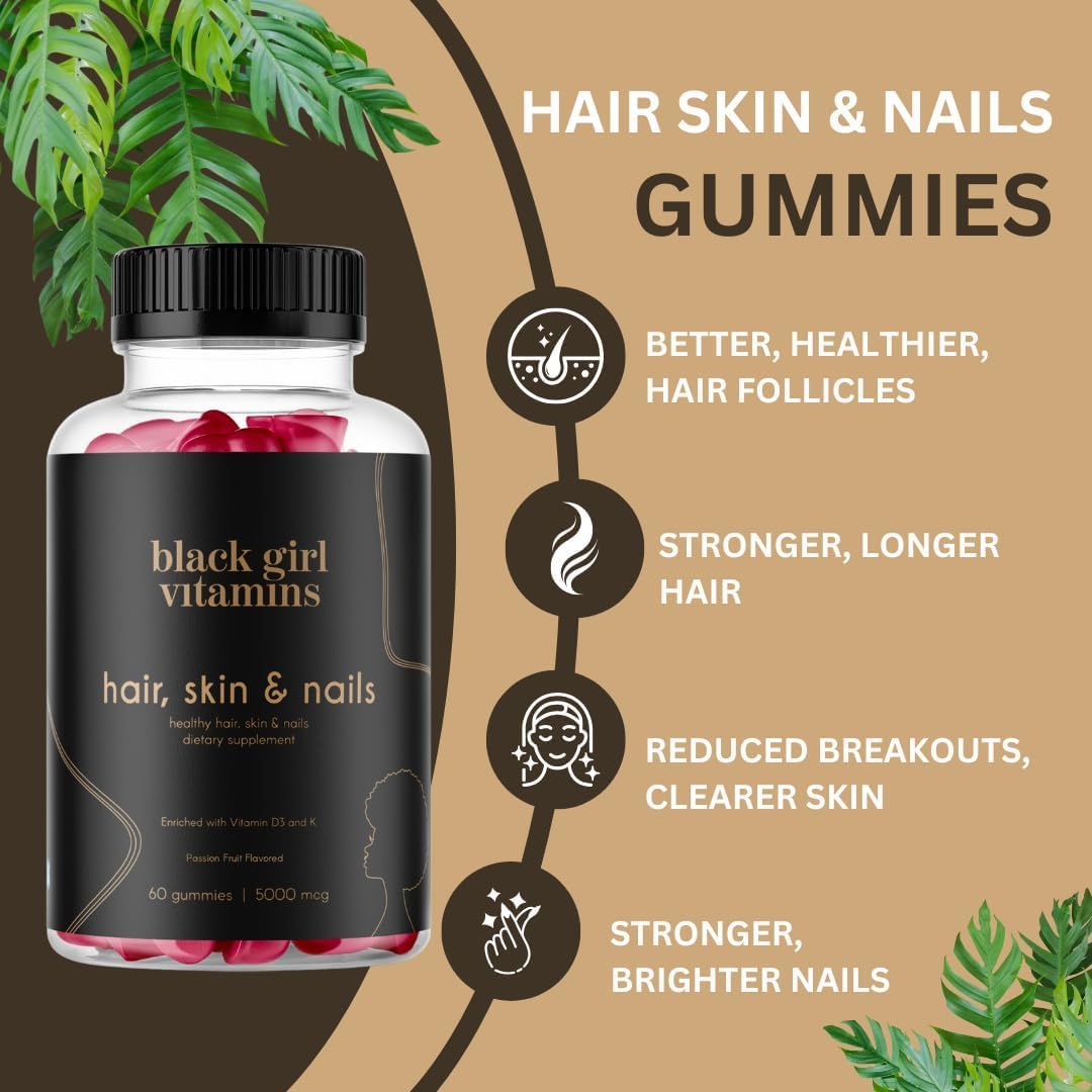 Black Girl Vitamins bottle label detailing biotin and zinc benefits for skin.