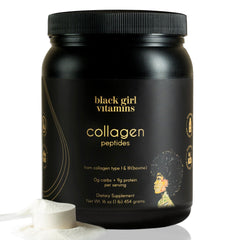 Black Girl Vitamins collagen powder tub on kitchen counter for daily skin and hair support.