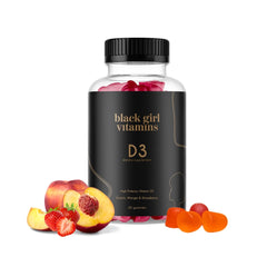 Black Girl Vitamins D3 Gummies bottle close-up, highlighting vegan, gluten-free immune and energy support.