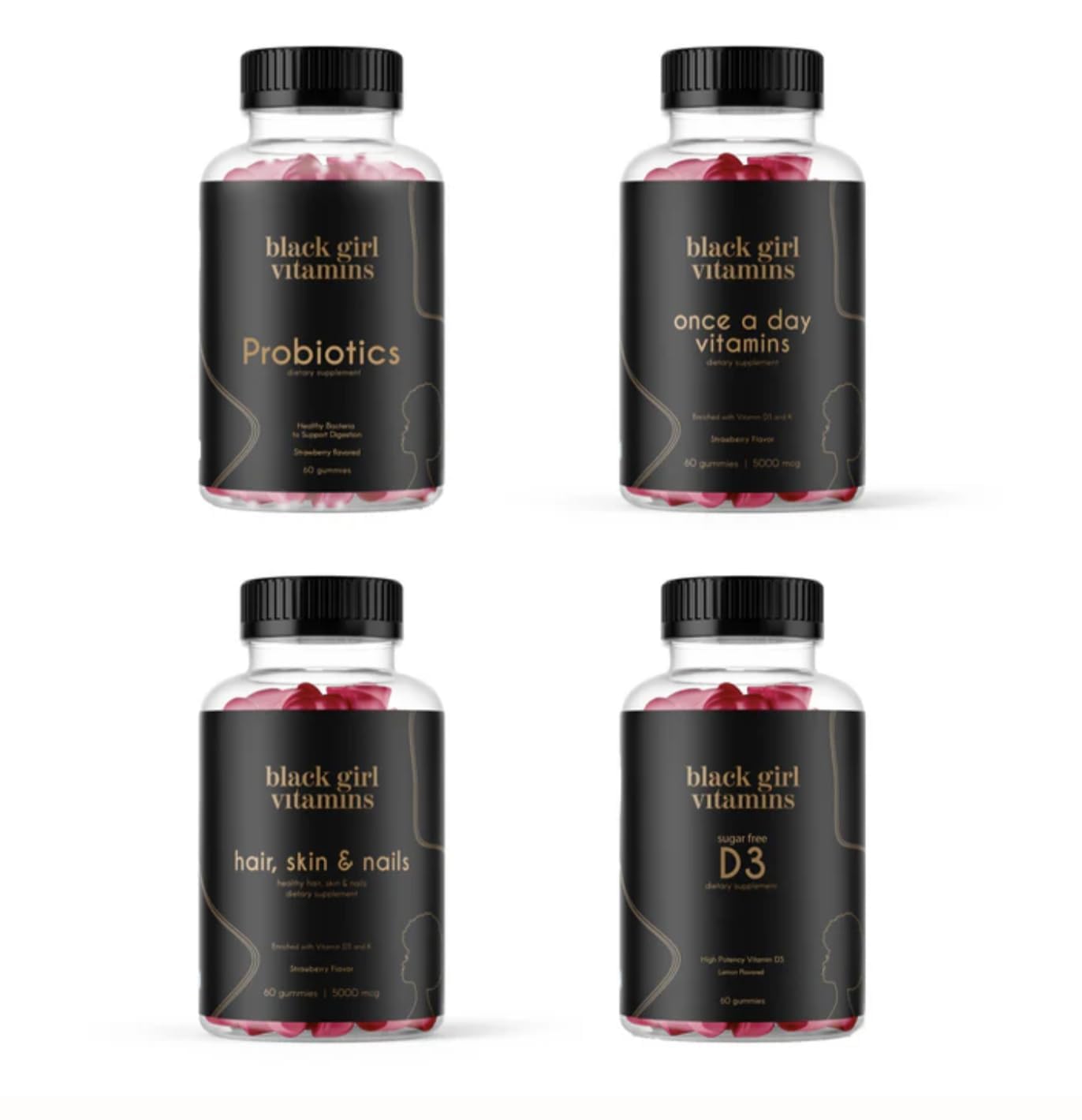 Black Girl Vitamins D3 Gummies bottle boosts energy and daily vitamin D.