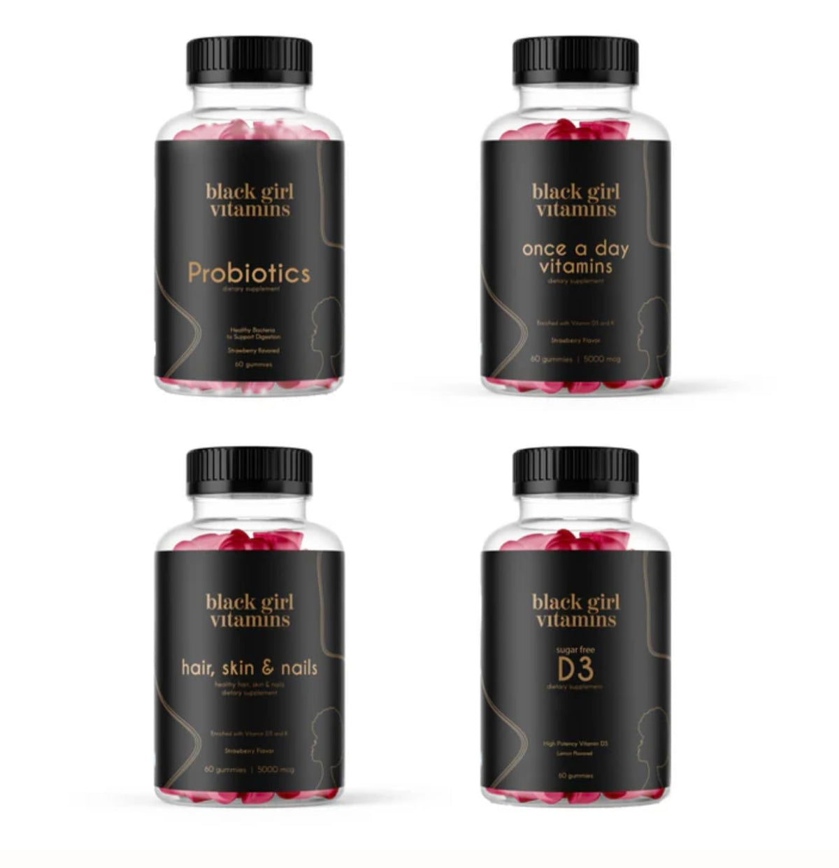 Black Girl Vitamins D3 Gummies bottle boosts energy and daily vitamin D.