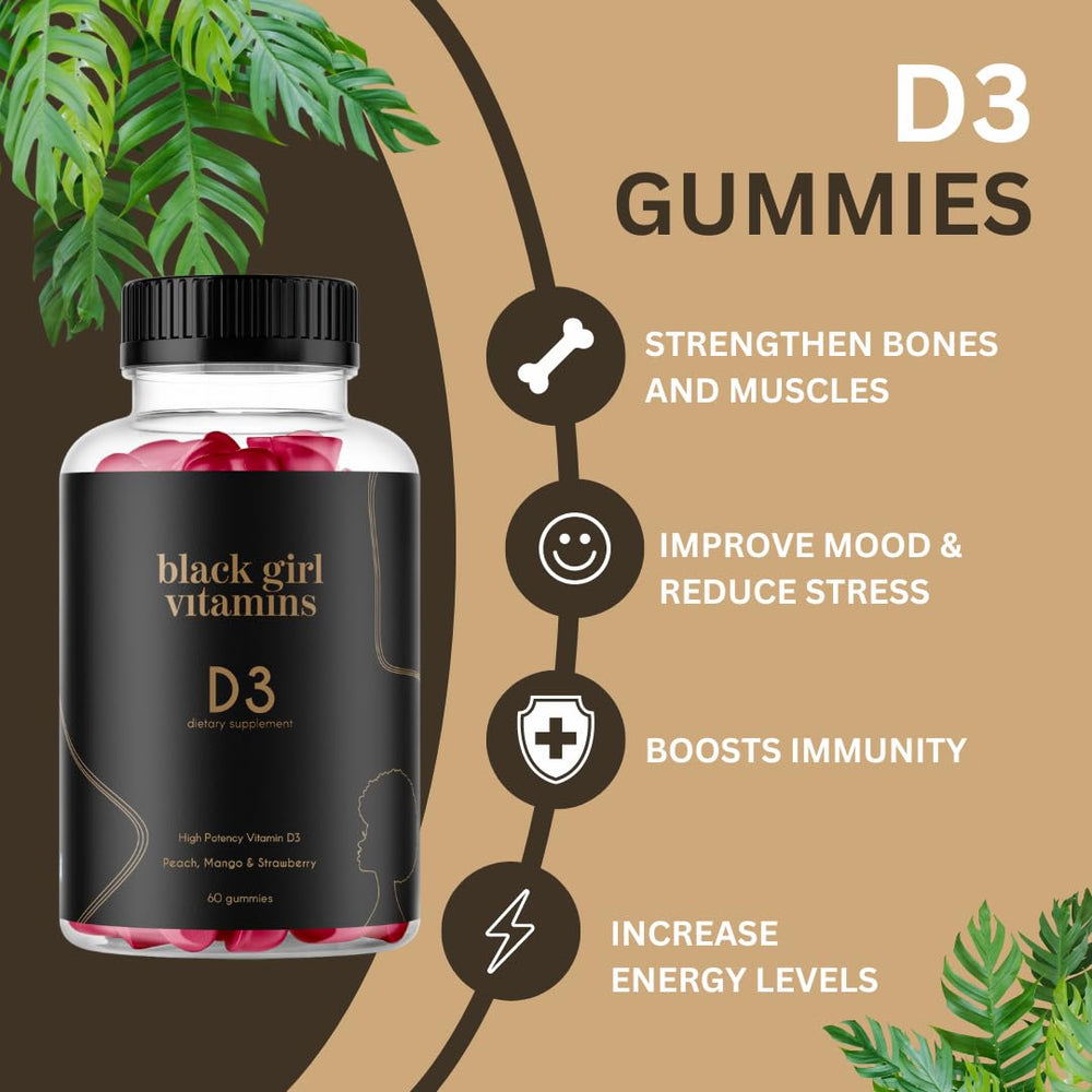 Black Girl Vitamins D3 Gummies flavor variety close-up, emphasizing tasty daily vitamin D intake.