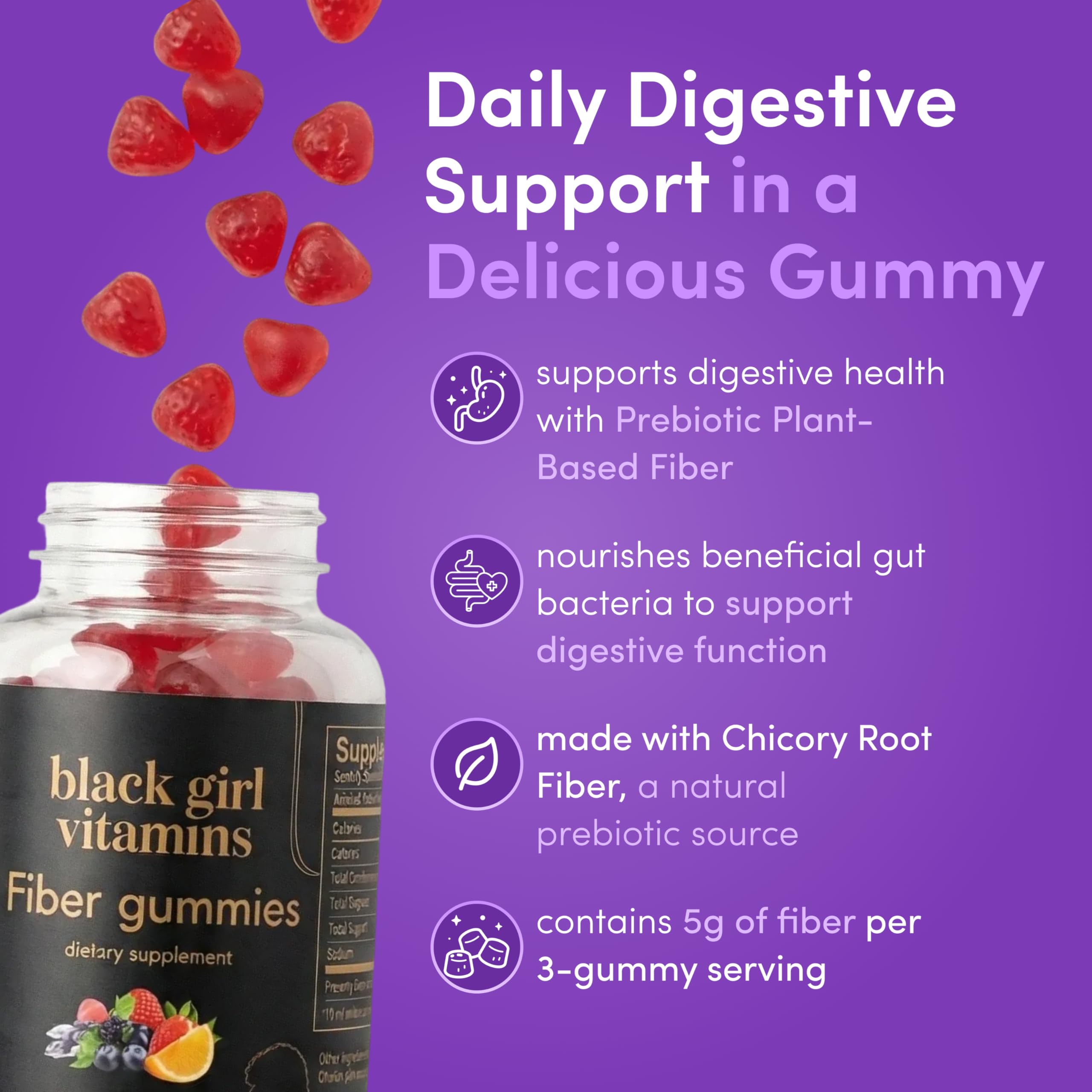 Black Girl Vitamins Fiber Gummies bottle closeup highlights orange and mixed berry flavors.