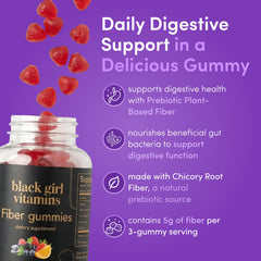 Black Girl Vitamins Fiber Gummies bottle closeup highlights orange and mixed berry flavors.