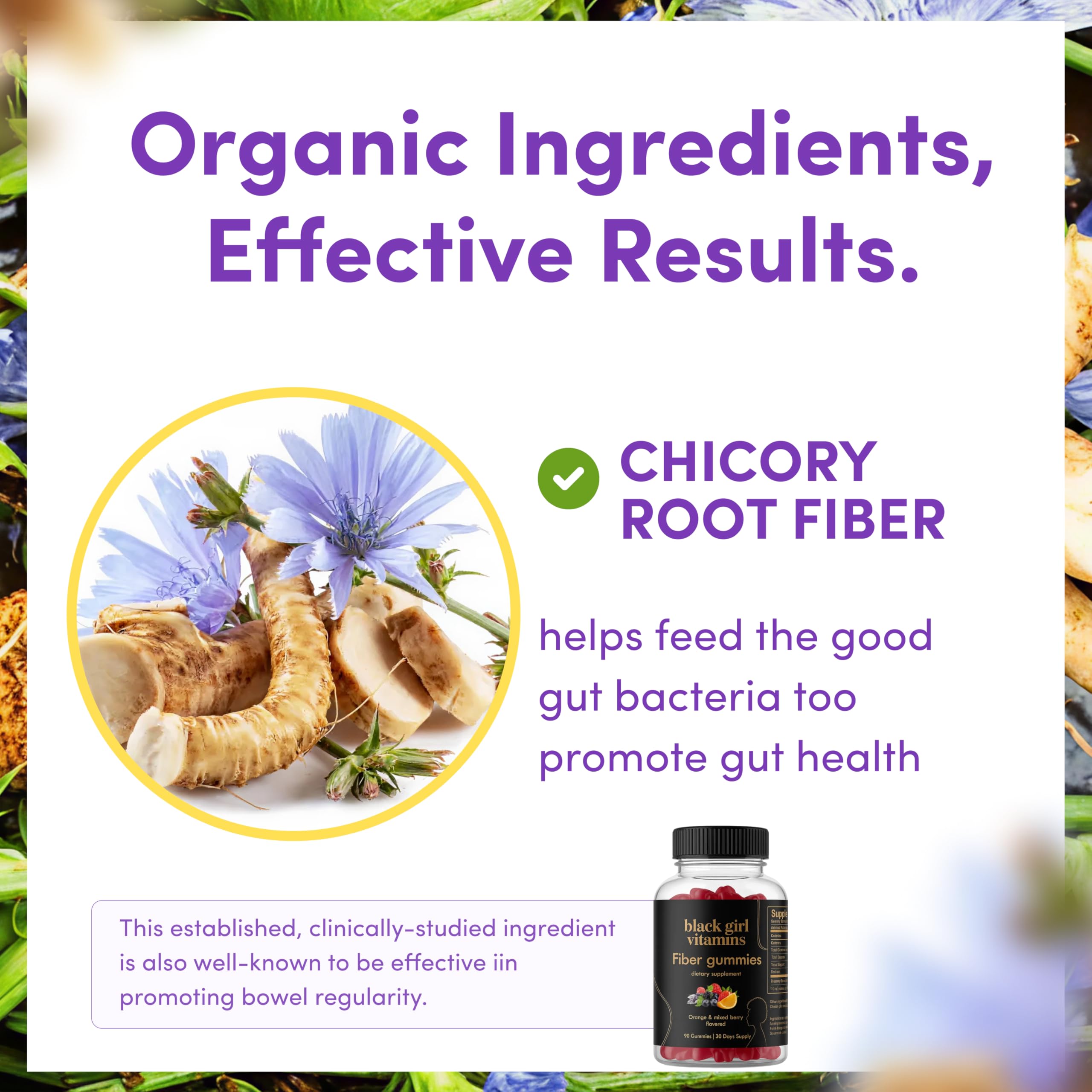 Label emphasizes vegan, gluten-free, and halal status for Black Girl Vitamins Fiber Gummies.