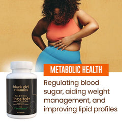 Black Girl Vitamins Inositol label shows gluten-free vegan formulation.
