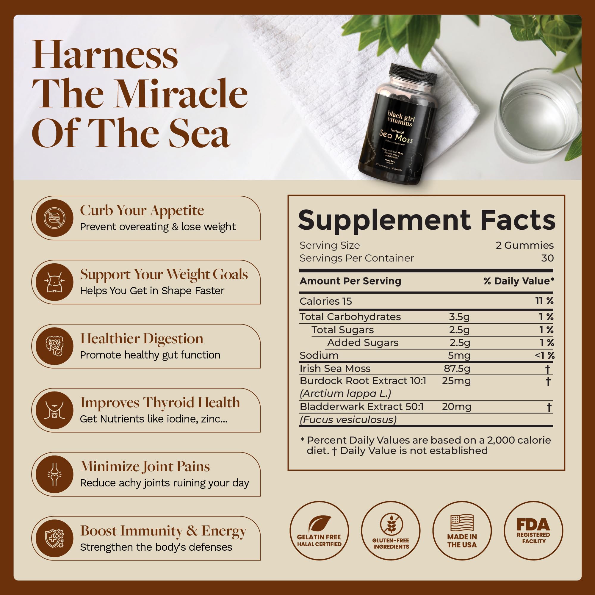 Black Girl Vitamins Irish Sea Moss Gummies ingredients highlight minerals.