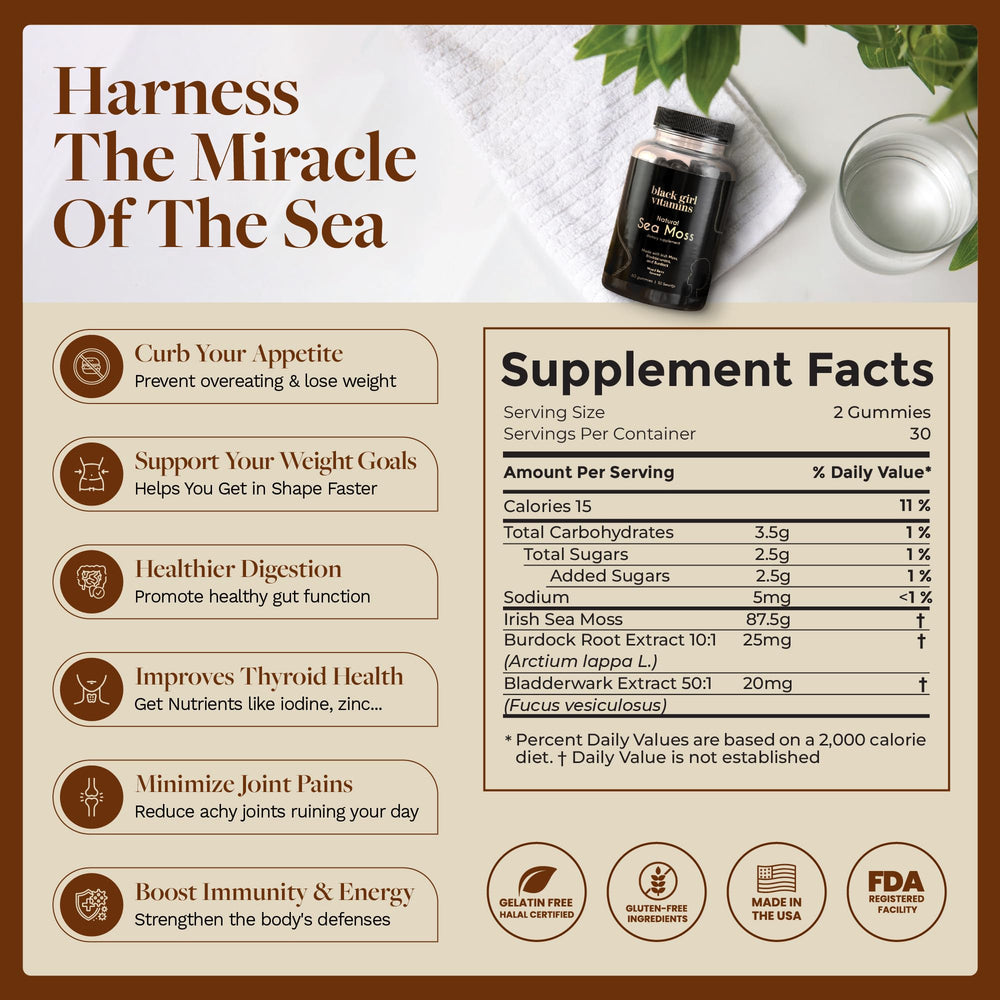 Black Girl Vitamins Irish Sea Moss Gummies ingredients highlight minerals.