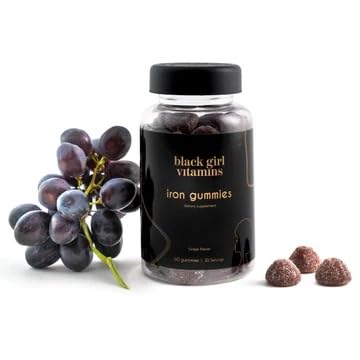 Gluten-free and gelatin-free claims on Black Girl Vitamins Iron Gummies packaging.