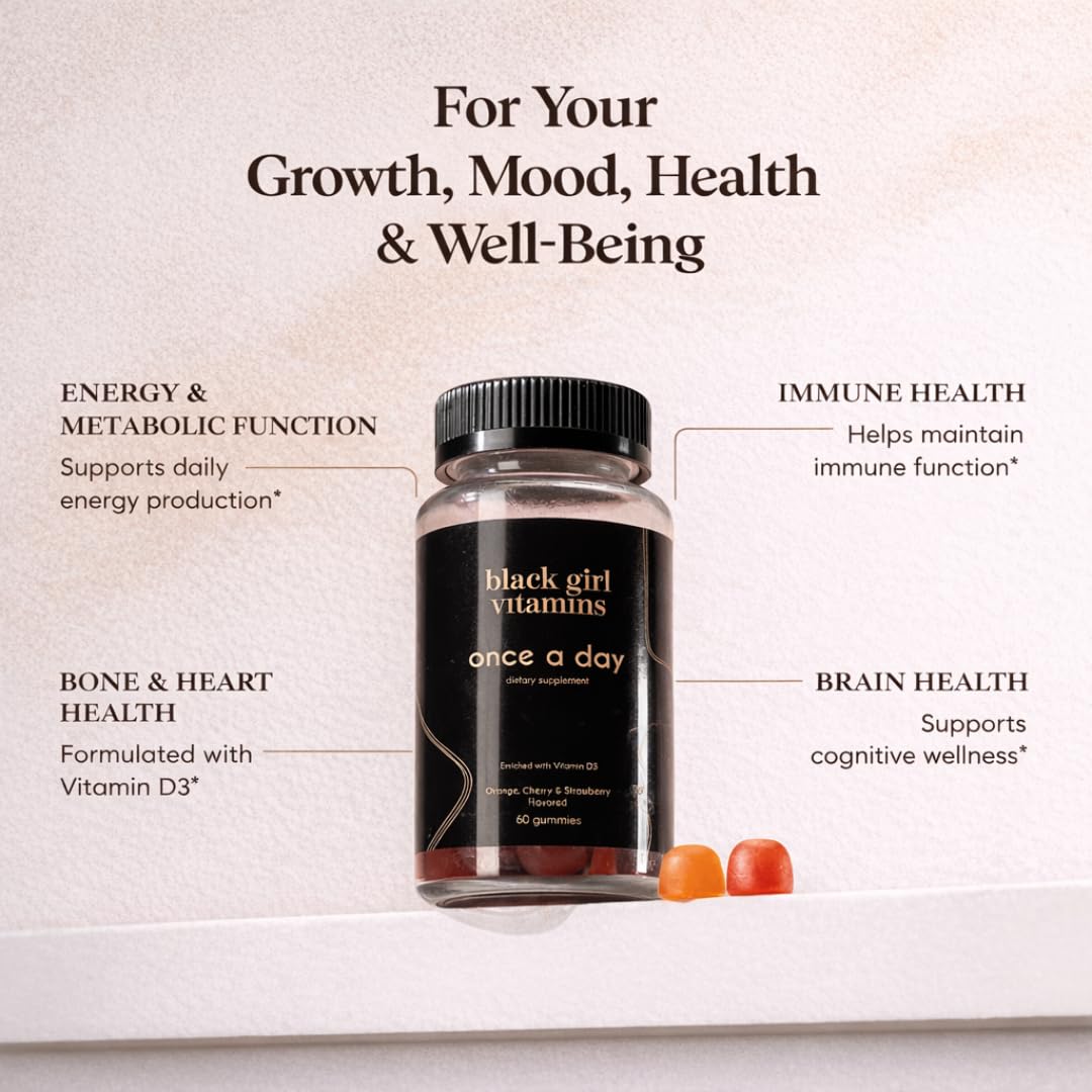 Black Girl Vitamins Once a Day strawberry gummies on a plate for daily nutrition.