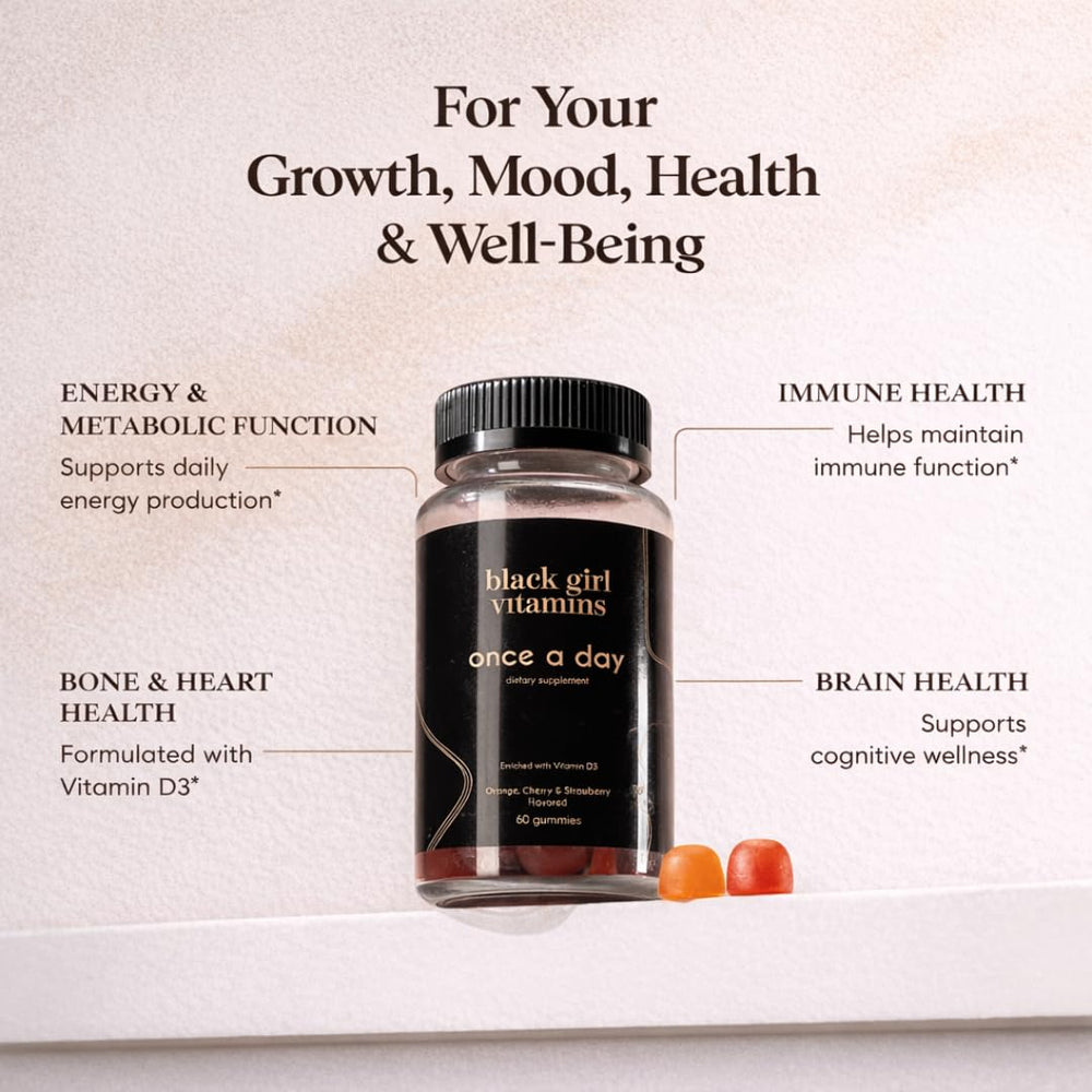Black Girl Vitamins Once a Day strawberry gummies on a plate for daily nutrition.
