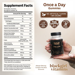 Black Girl Vitamins Once a Day supplement facts panel highlights essential nutrients for daily use.