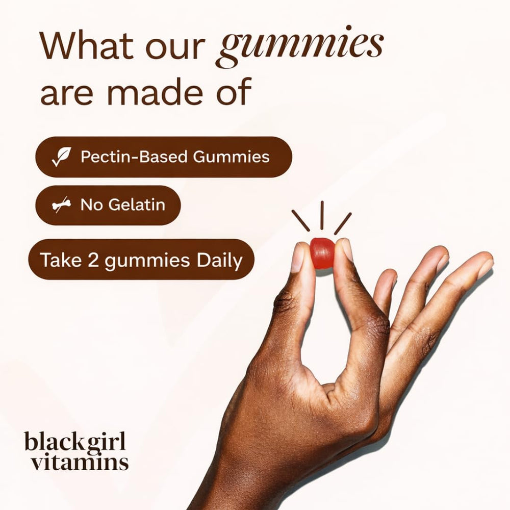 Black Girl Vitamins Once a Day vegan gluten-free badge supports diet preferences.