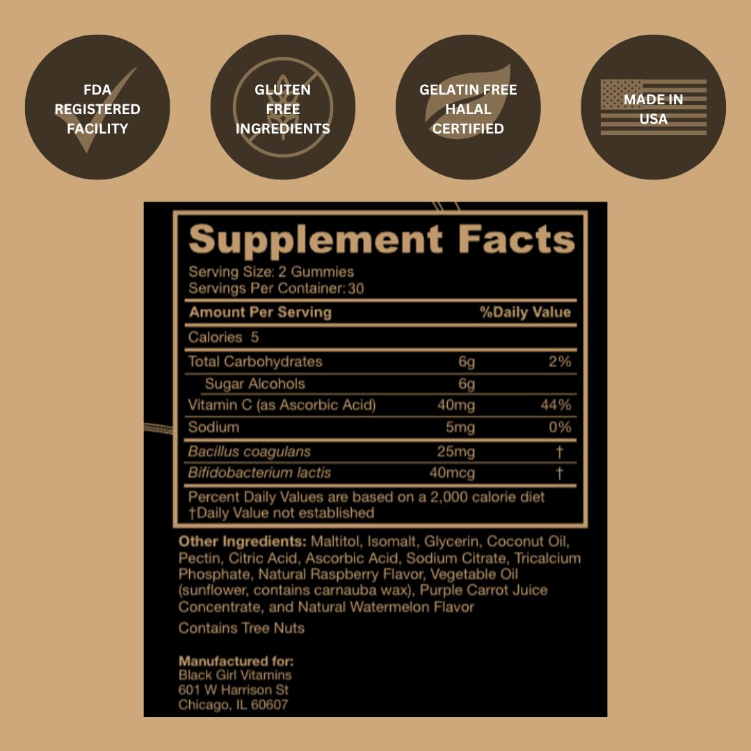 Close-up of Black Girl Vitamins probiotic gummies showing texture and color