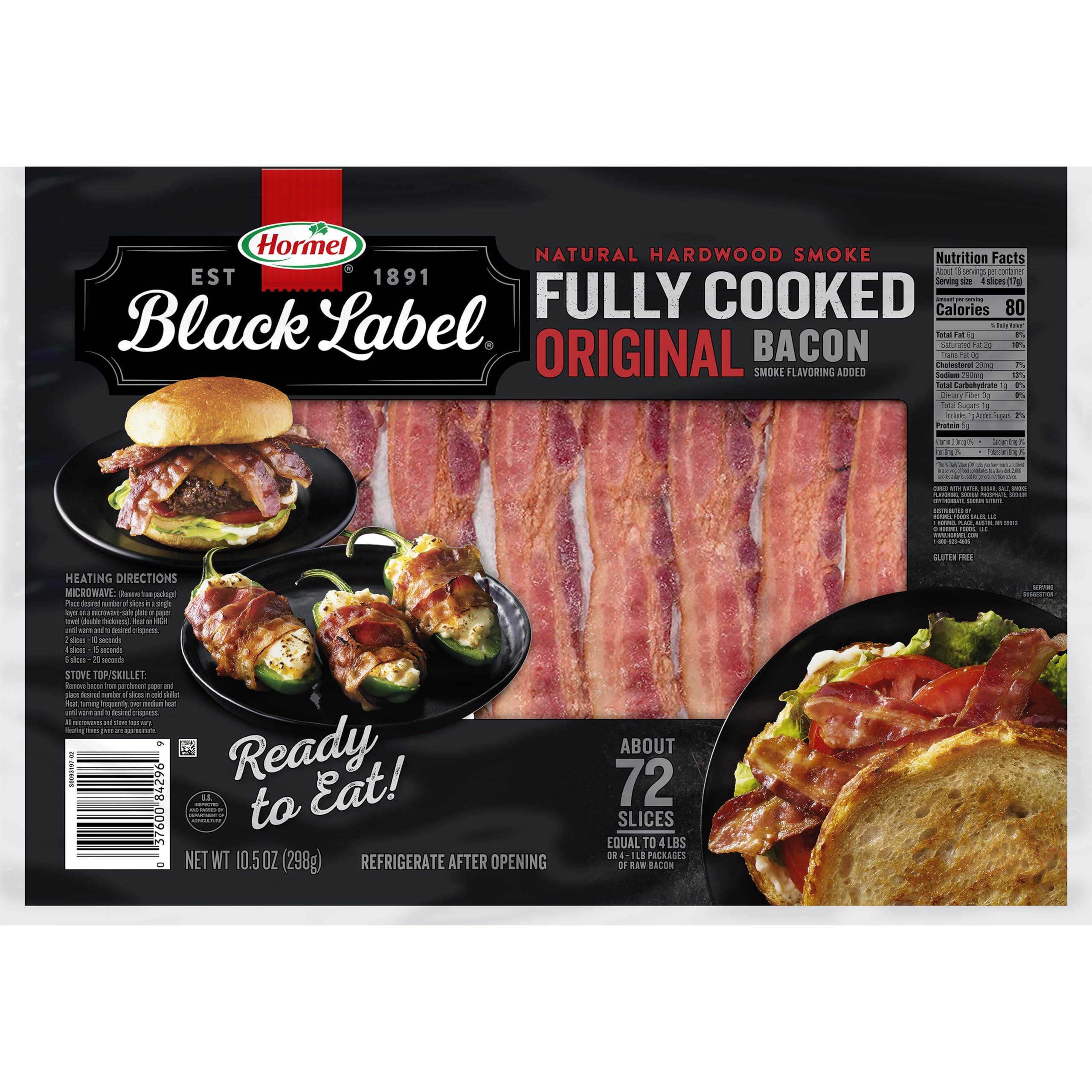 Black Label bacon thick-cut packaging highlights ready-to-eat convenience.