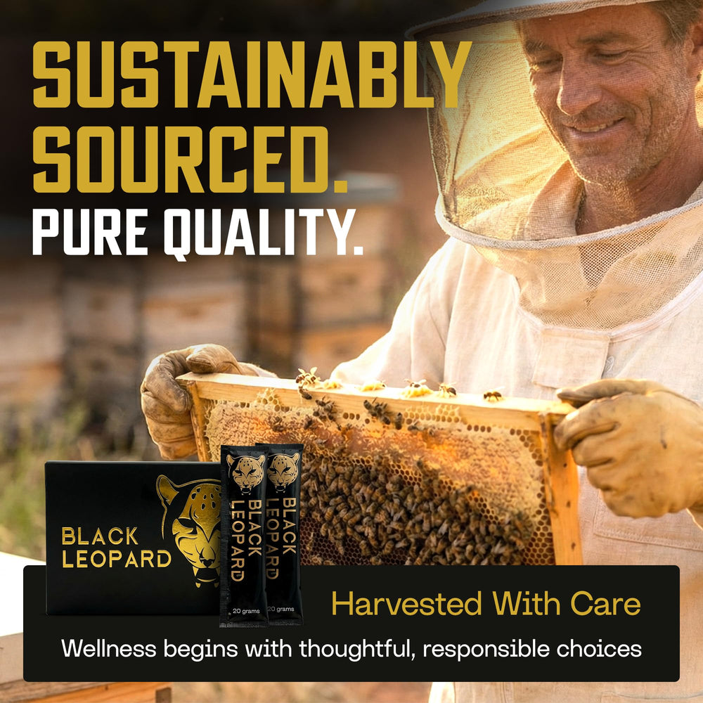 Black Leopard Honey Packs bee pollen detail highlighting added nutrition.