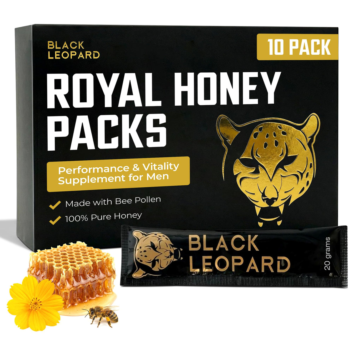 Black Leopard Honey Packs front view, ready for daily energy on the go.