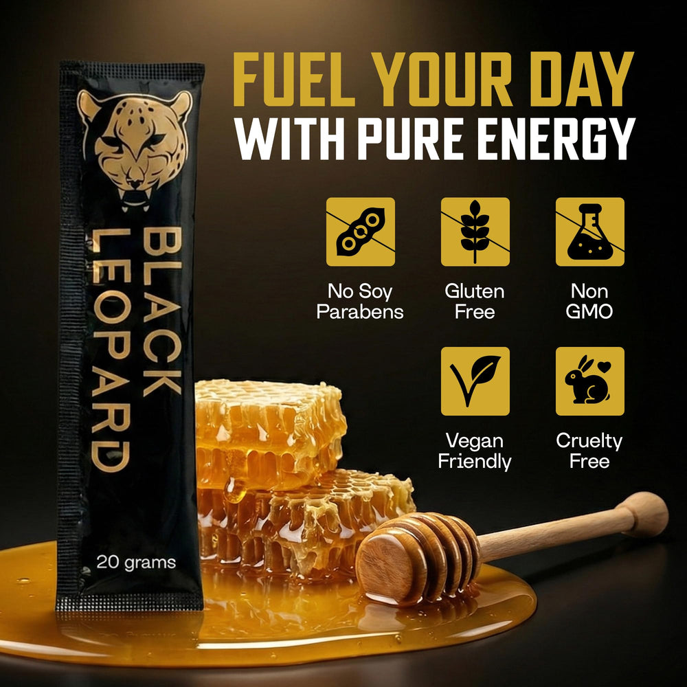 Black Leopard Honey Packs travel pack in gym bag for on-the-go energy.