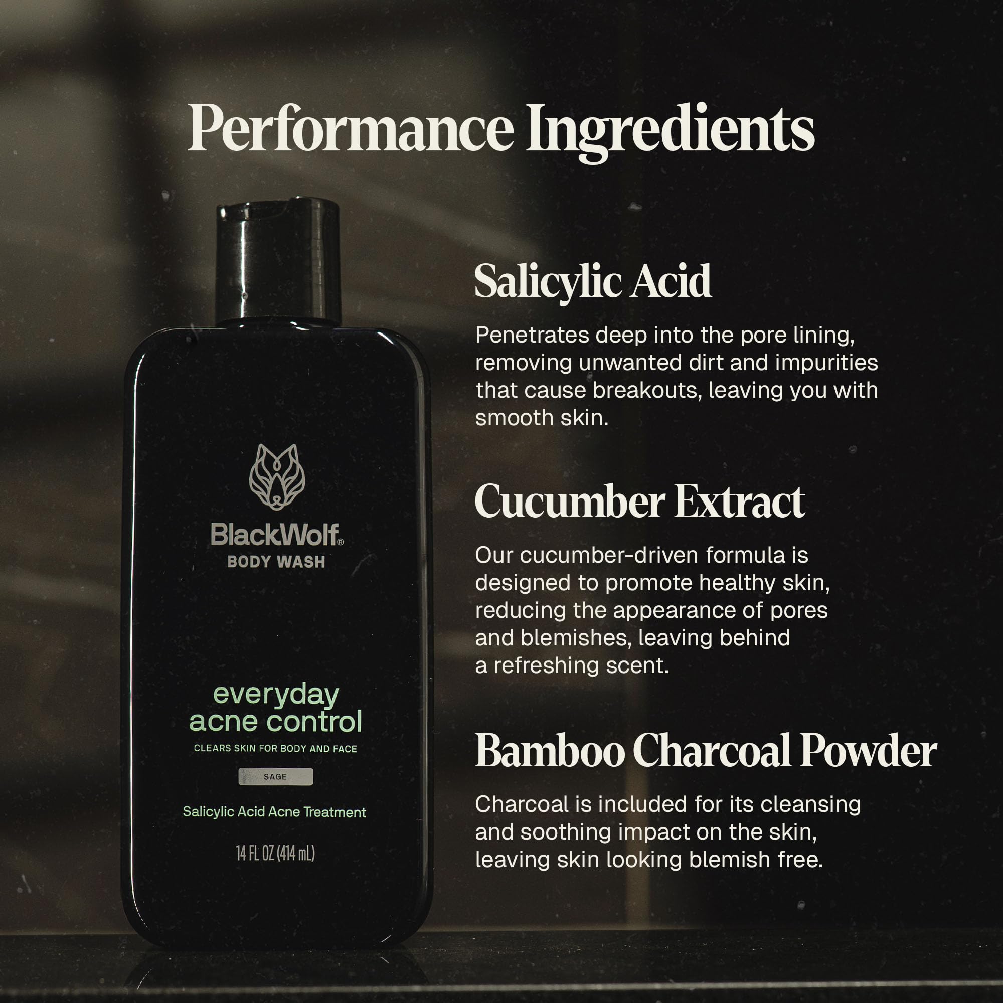 Black Wolf bottle showing blue sage and citrus scent for an invigorating wash