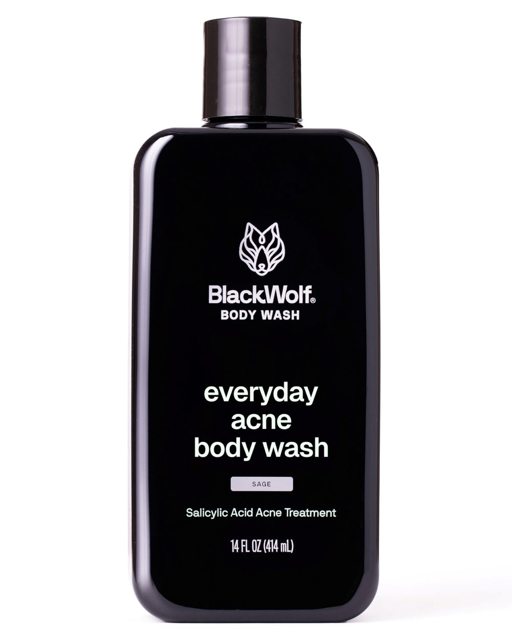 Black Wolf salicylic acid body wash bottle pour shows a deep clean for stubborn breakouts