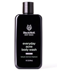 Black Wolf salicylic acid body wash bottle pour shows a deep clean for stubborn breakouts