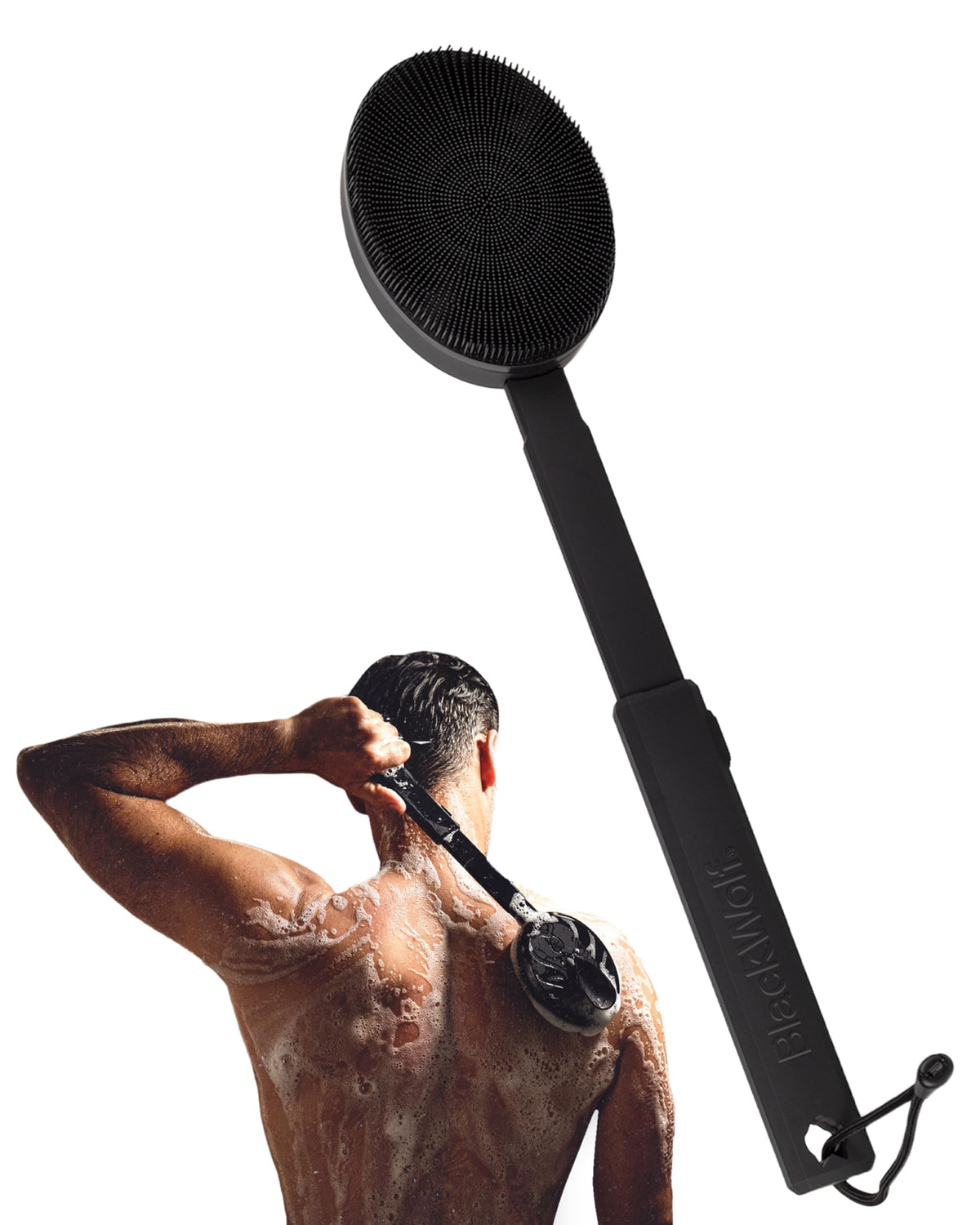 Black Wolf silicone body scrubber with back extension for hard-to-reach areas