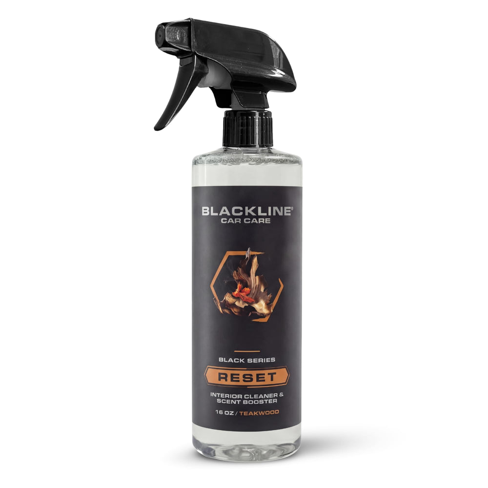 Blackline Reset interior cleaner bottle demonstrating premium formula for car detailing.
