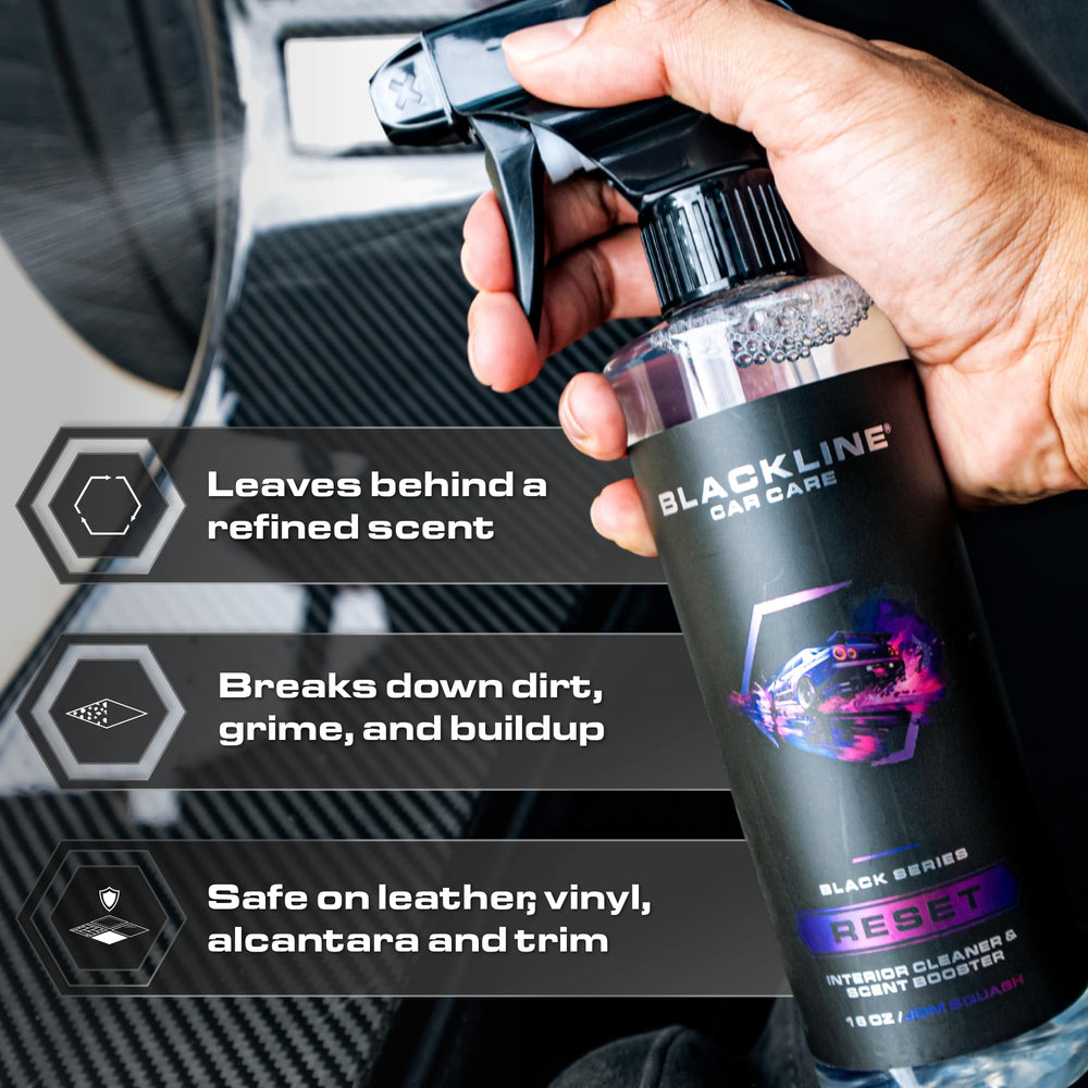 Blackline Reset leather-surface spray demonstrates safe cleaning on leather interiors.