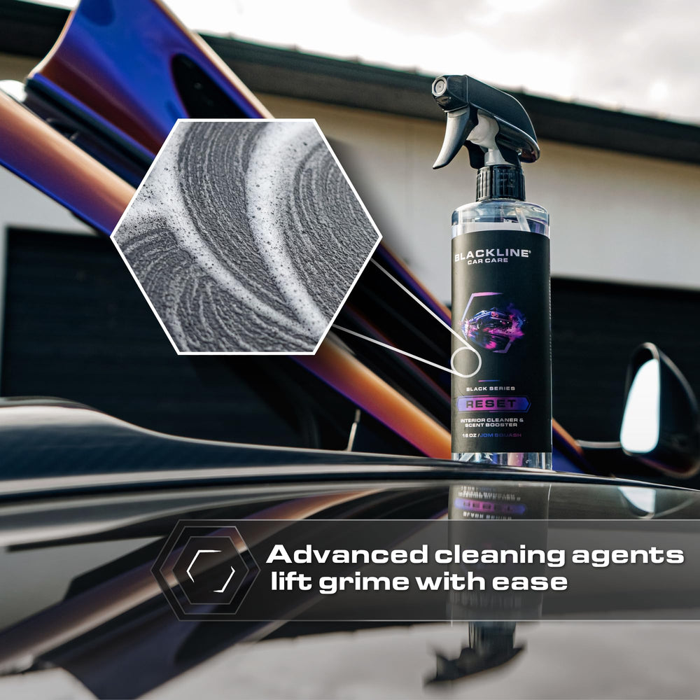 Blackline Reset safe-on-all-surfaces spray highlights compatibility with leather, fabric, and plastics.