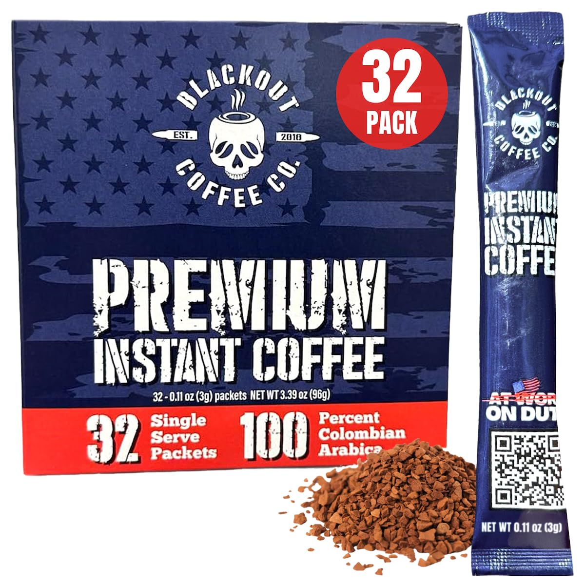 Blackout Coffee Colombian Arabica Instant Box closeup highlighting premium flavor and convenience.