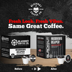 Blackout Coffee Morning Reaper pod being brewed into a bold cup.