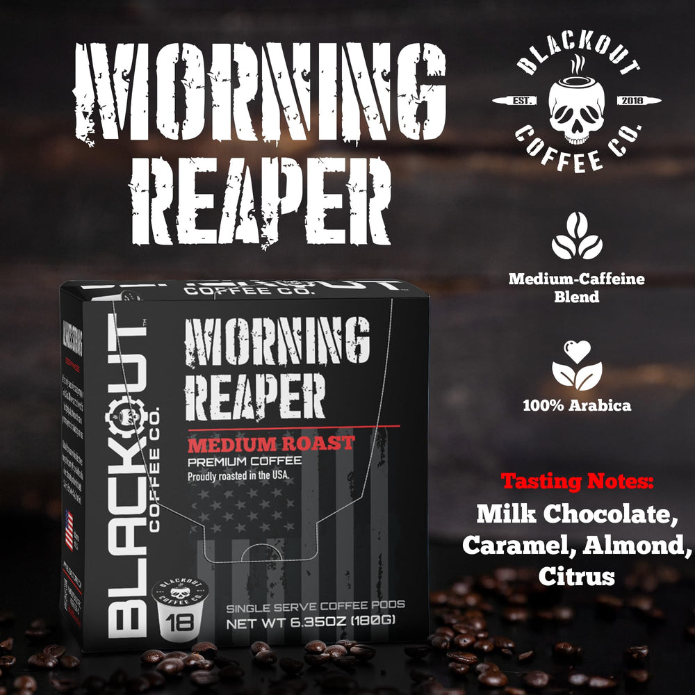 Blackout Coffee Morning Reaper pod beside an espresso cup for a quick brew.