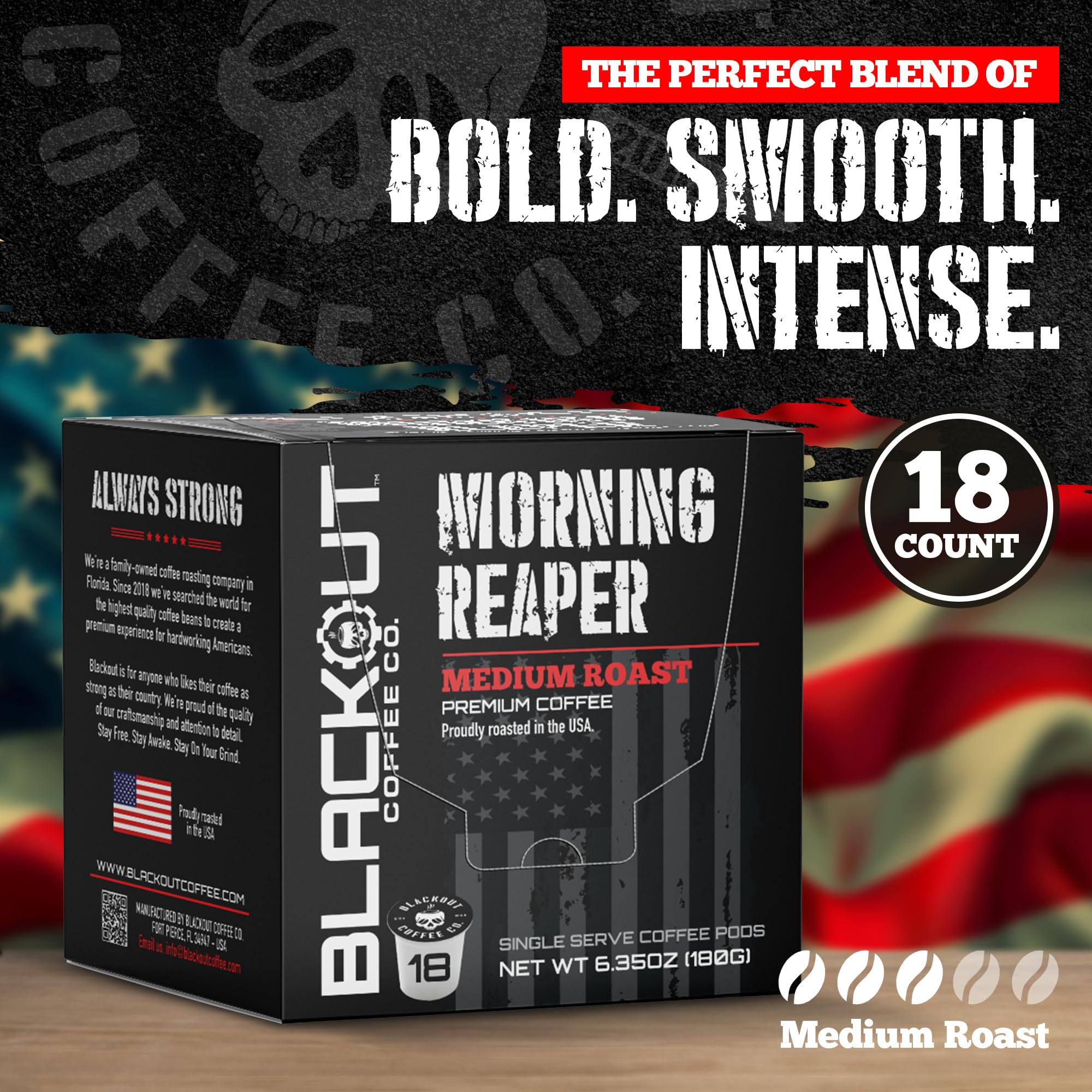 Blackout Coffee Morning Reaper pod packaging highlighting USA roast quality.