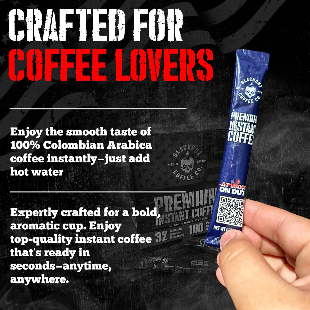 Blackout Coffee packaging hero shot emphasizes convenience for busy days.