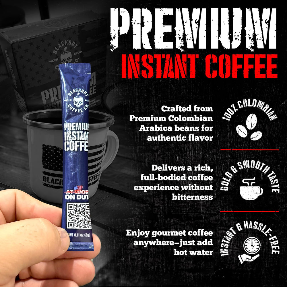 Blackout Coffee packet closeup reveals aroma and bold flavor potential.