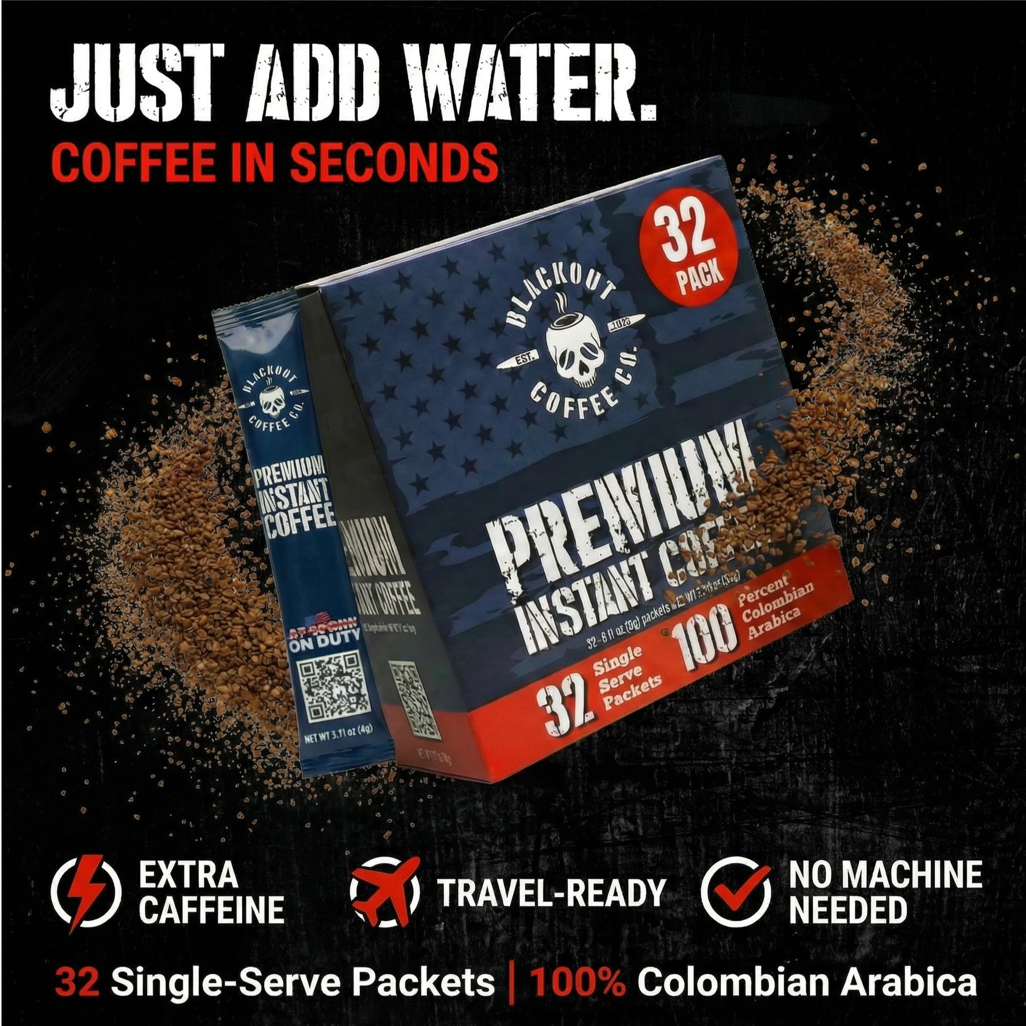 Blackout Coffee single-serve packets on shelf offering quick caffeine on demand.