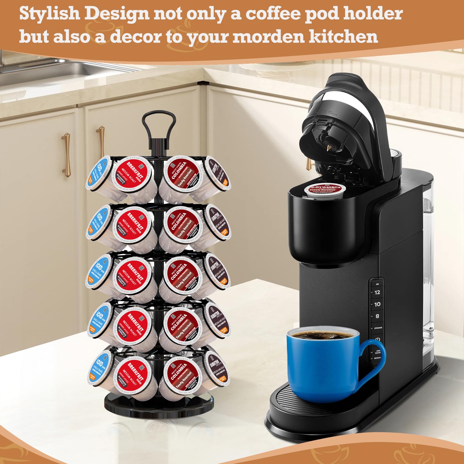 Sturdy stand holds up to 40 K-Cups without clutter.