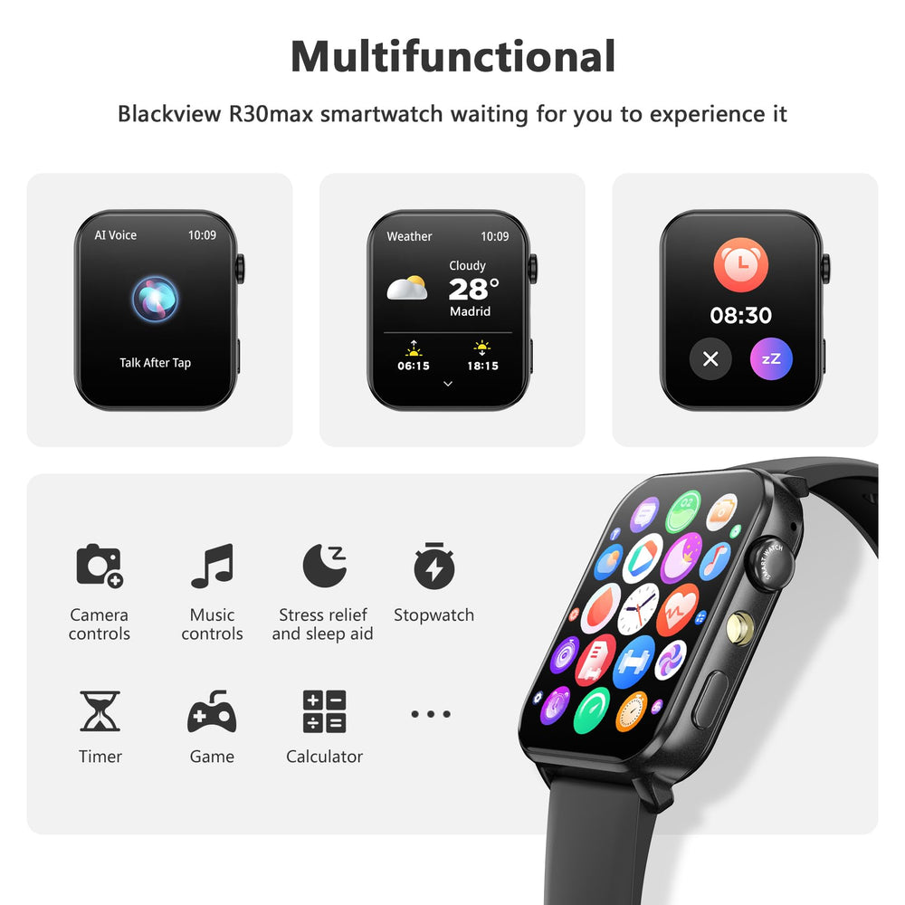 Blackview smart watch monitors heart rate, sleep, and blood oxygen levels.