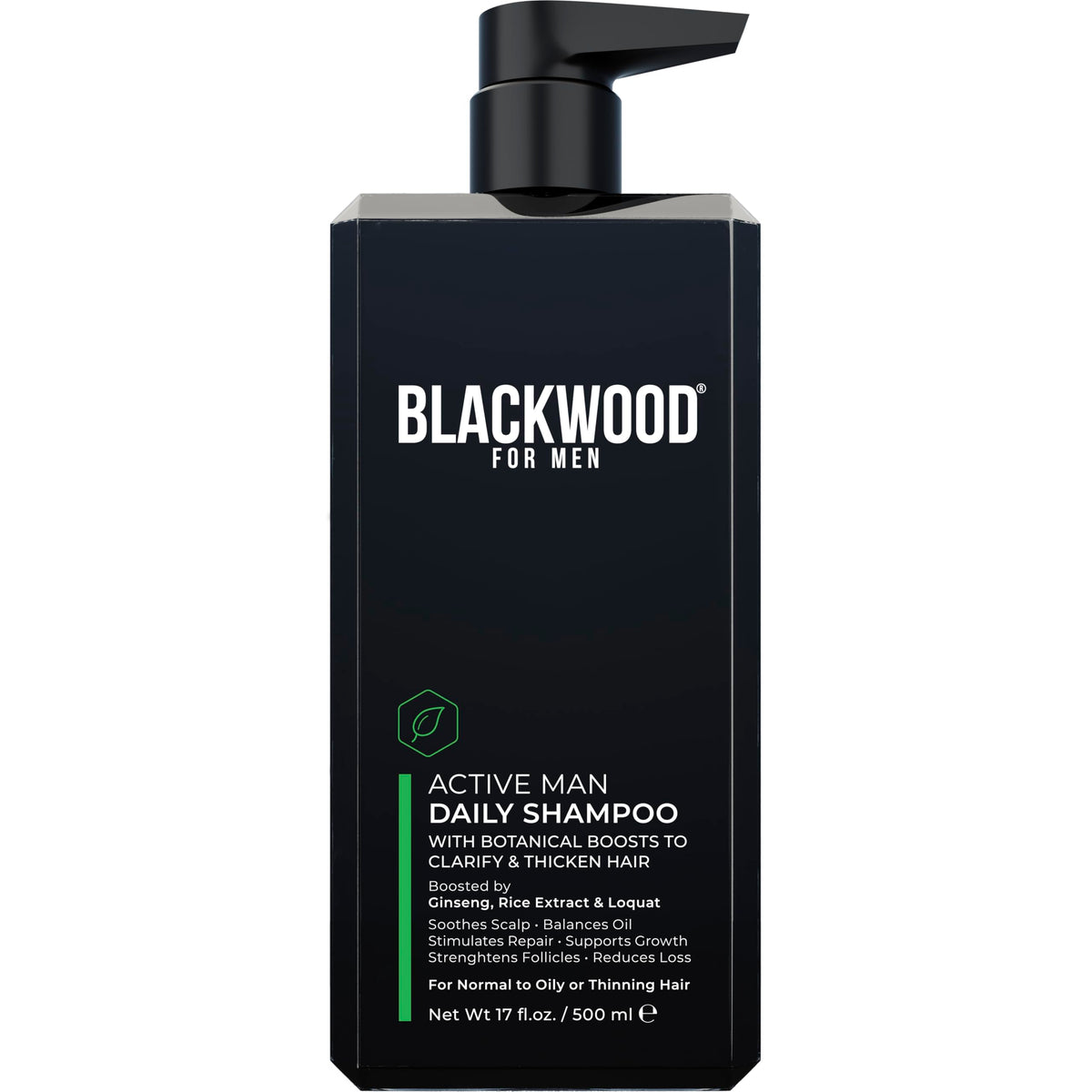 Blackwood For Men Active Man Daily Shampoo bottle highlighting oil-control and scalp refresh