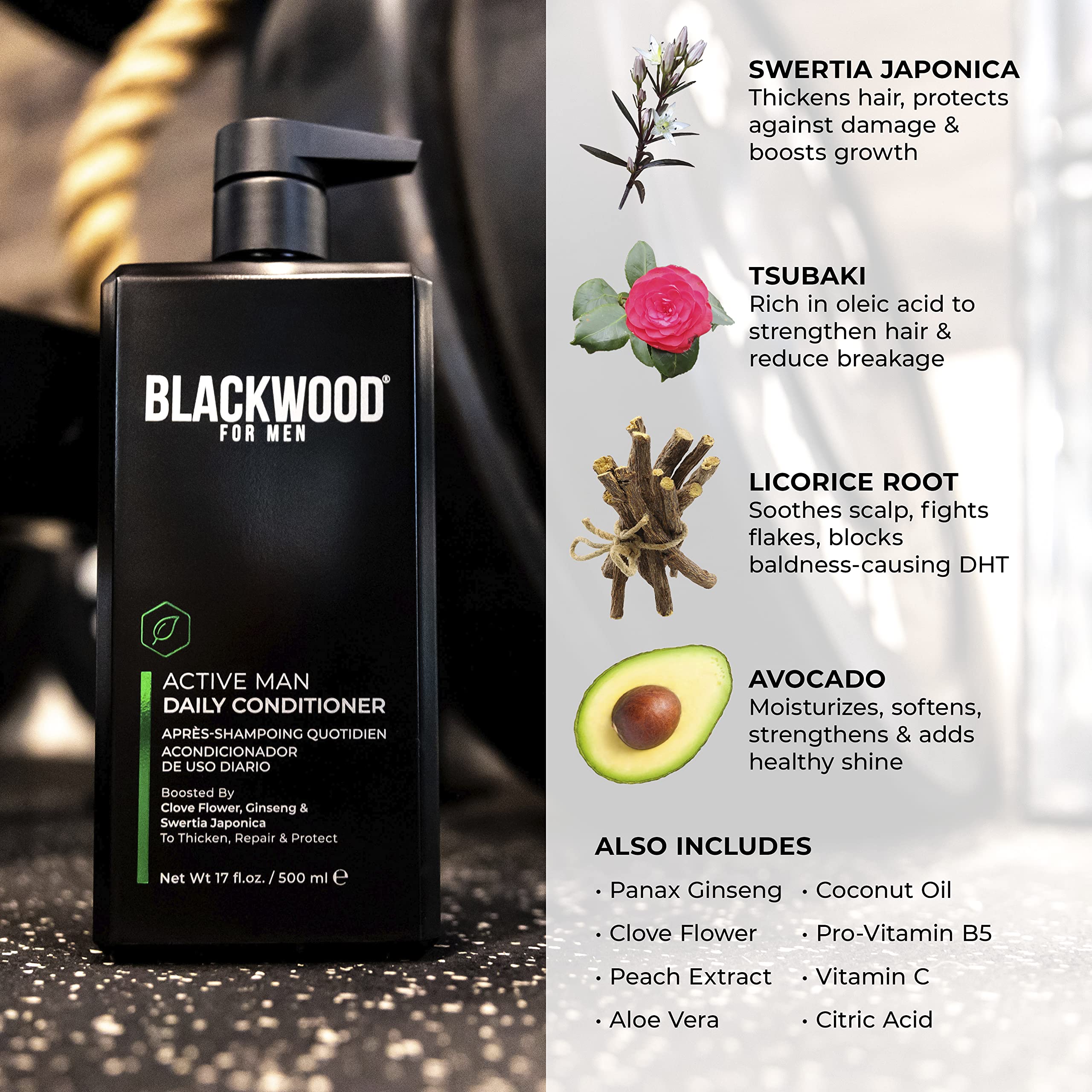 Blackwood For Men Japanese botanicals balance oil and nourish scalp.