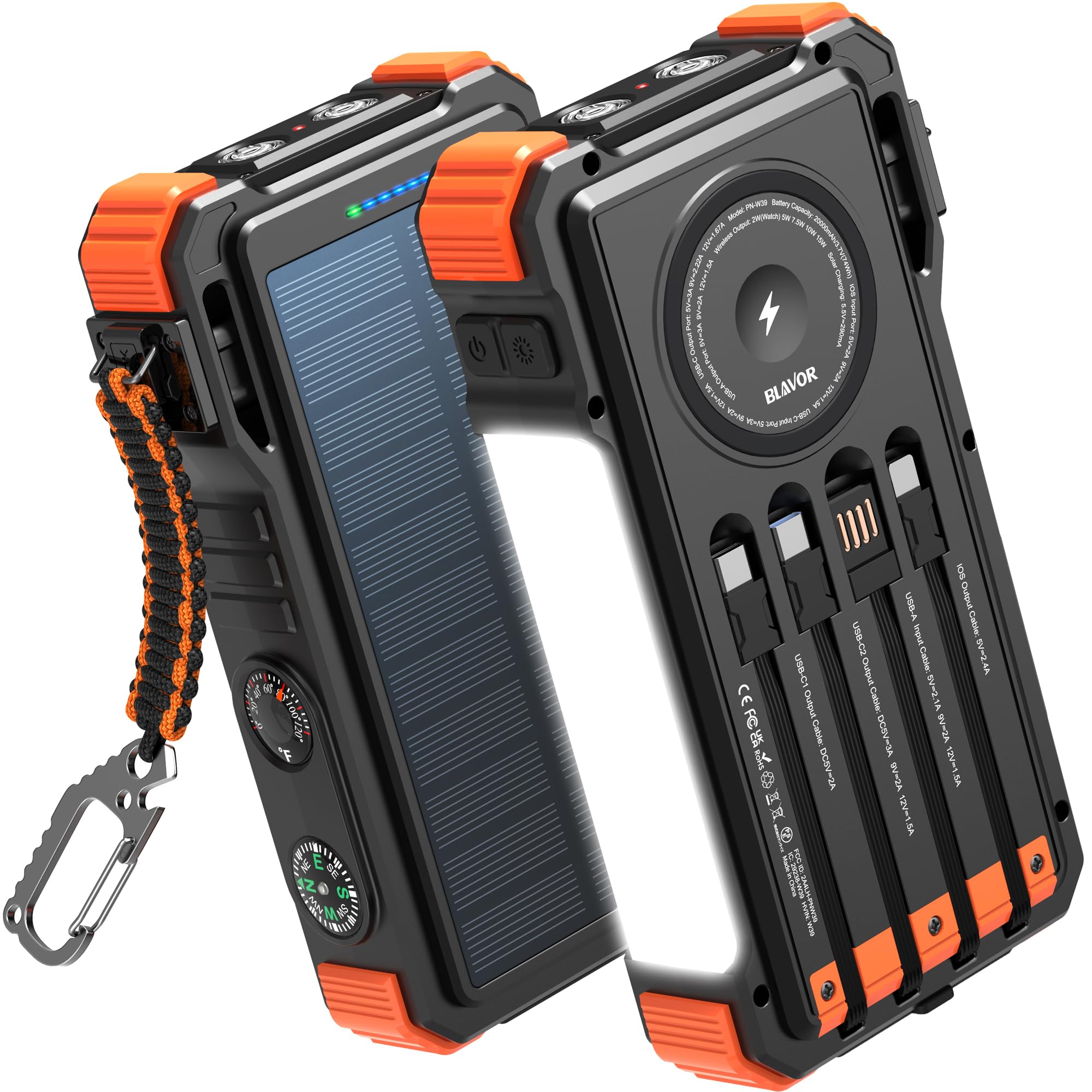 BLAVOR solar power bank front view with built-in cables for on-the-go charging