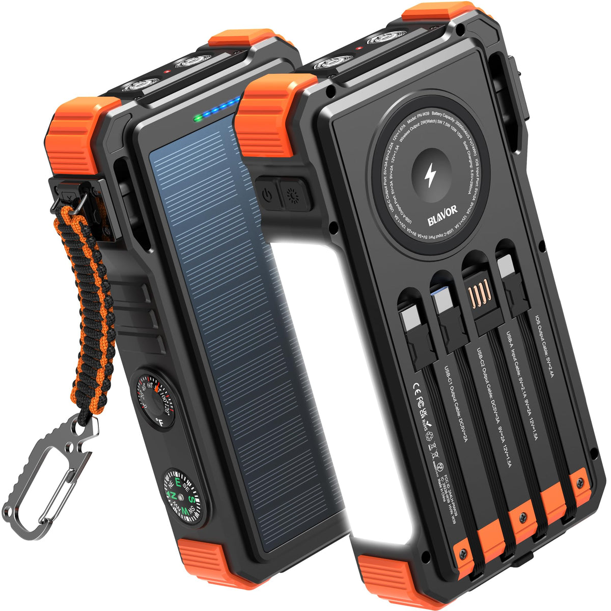 BLAVOR solar power bank front view with built-in cables for on-the-go charging