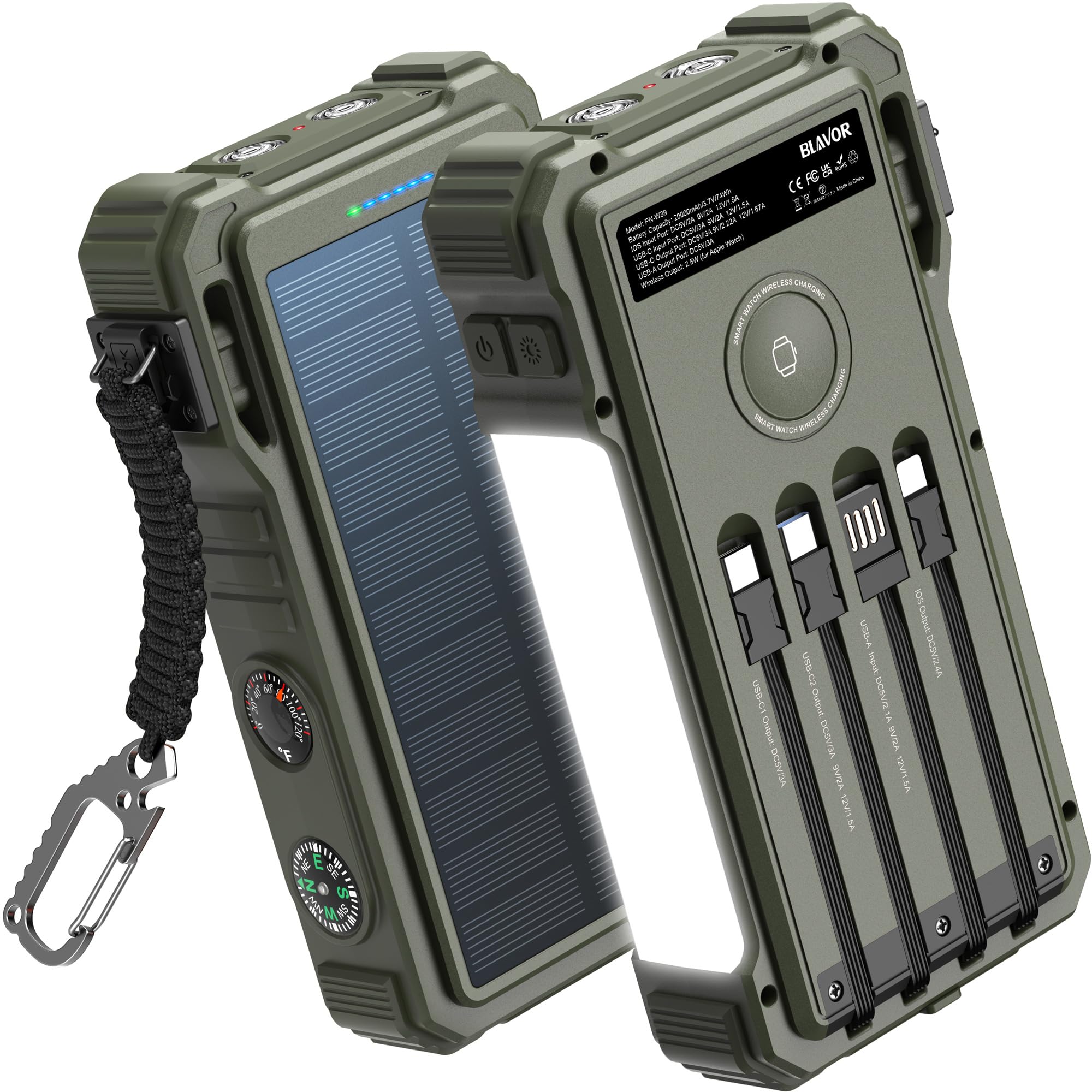 BLAVOR Solar Power Bank closed front view highlights all-in-one charging