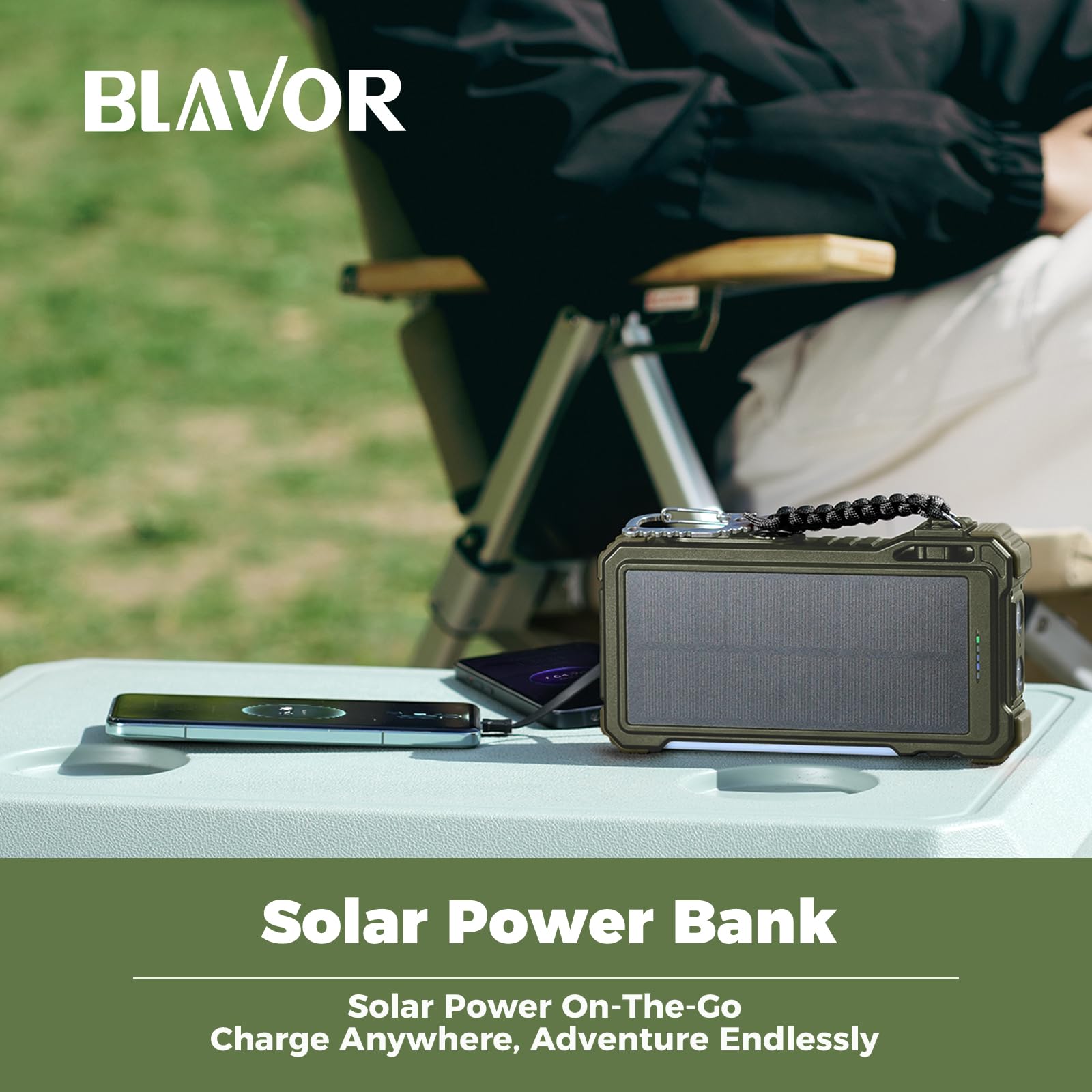BLAVOR Solar Power Bank outdoor-use setup emphasizes camping and travel readiness